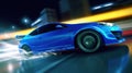 a blue sports car driving down a city street at night with motion blurs on the road and buildings in the background at night time Royalty Free Stock Photo