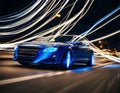 Blue Sports Car in Dynamic Nighttime City Drive Royalty Free Stock Photo