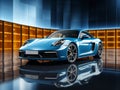 Blue sports car, on a yellow-blue background. AI generated Royalty Free Stock Photo