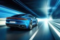 A blue sports car zooms through a tunnel, creating an exhilarating rush of speed and movement, Rear view of blue Business car on Royalty Free Stock Photo