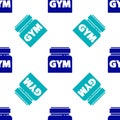 Blue Sports nutrition bodybuilding proteine power drink and food icon isolated seamless pattern on white background Royalty Free Stock Photo