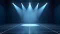 Blue spotlights illuminating empty stage floor beams Royalty Free Stock Photo