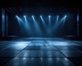 The blue spotlights on the stage floor make an ideal background, backdrop, or mock up in a dark room. (Generative AI)