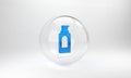 Blue Spray can for hairspray, deodorant, antiperspirant icon isolated on grey background. Glass circle button. 3D render