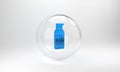 Blue Spray can for hairspray, deodorant, antiperspirant icon isolated on grey background. Glass circle button. 3D render