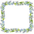 Blue spring flowers in the garden. Frame of forget-me-nots. Watercolor. Royalty Free Stock Photo