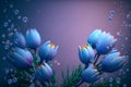 Blue spring flowers on pastel background with morning dew droplets, space for text. Generative ai illustration.