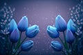 Blue spring flowers on pastel background with morning dew droplets, space for text. Generative ai illustration.