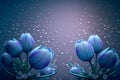 Blue spring flowers on pastel background with morning dew droplets, space for text. Generative ai illustration.