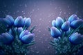 Blue spring flowers on pastel background with morning dew droplets, space for text. Generative ai illustration.