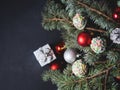 Blue spruce tree branches with Christmas baubles Royalty Free Stock Photo