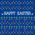 Blue square Happy Easter card with bunnies, eggs, butterflies and flowers