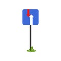 Blue square road sign with red and white arrows. Symbol notify about advantage over oncoming traffic. Cartoon flat