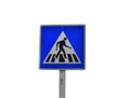 Blue square traffic sign for pedestrian crossing against white background