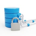 Blue Stacked Database Icon Secured with a Silver Padlock and Connected by White Wires on White Background Royalty Free Stock Photo