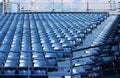 Blue stadium seats pattern with empty and clean. Royalty Free Stock Photo