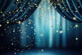 Blue stage curtain with golden confetti, 3d render illustration background, Spotlight on blue curtain background and falling Royalty Free Stock Photo