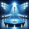 Blue Stage Set with Microphone Under a Bright Spotlight Royalty Free Stock Photo