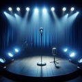 Blue Stage Set with Microphone Under a Bright Spotlight Royalty Free Stock Photo