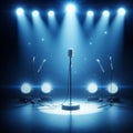 Blue Stage Set with Microphone Under a Bright Spotlight Royalty Free Stock Photo