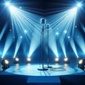Blue Stage Set with Microphone Under a Bright Spotlight Royalty Free Stock Photo