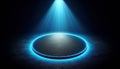 Blue Stage Spotlight Podium, Glowing Neon Circle, Dark Background, Circular Platform Display, Modern Presentation Space Royalty Free Stock Photo