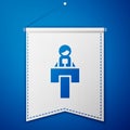 Blue Stage stand or debate podium rostrum icon isolated on blue background. Conference speech tribune. White pennant template.