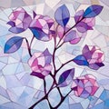 Geometric Pink Flowers On Blue Background: Crystal Cubism Inspired Stained Glass Art