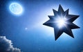 Blue star against night sky with stars and moon 3D illustration. Royalty Free Stock Photo