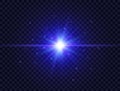 Blue star burst with beams and sparkles on transparent background. Flash with rays and spotlight. Glowing effect Royalty Free Stock Photo