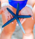 Blue starfish holding in woman hand, Blue starfish found on the white coral sand beach in boracay Philippines. ocean coast Royalty Free Stock Photo