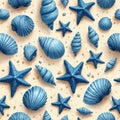 Blue starfish and seashells form a repeating pattern on sandy beach background. Nautical theme with varied marine life Royalty Free Stock Photo