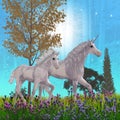 Blue Starlit Unicorn Night with Mare and Foal