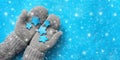 Blue stars in female hands in mittens. Blue grunge background. Snow texture. View from above. Christmas composition Royalty Free Stock Photo