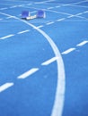 Blue Starting Blocks in running Track and Field. Blue color of soft tamrac