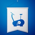 Blue Stationary bicycle icon isolated on blue background. Exercise bike. White pennant template. Vector Royalty Free Stock Photo