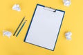 A blue stationery set as a template with a place to copy on a yellow background. Crumpled paper Royalty Free Stock Photo