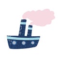 Blue steamboat cute isolated on white background. Cartoonish ship with pink steam in doodle style Royalty Free Stock Photo