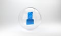 Blue Stewardess icon isolated on grey background. Glass circle button. 3D render illustration