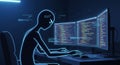 Blue Stick Figure Coding at Dual Monitors on Desk in Dark Room Cyber Security Software Development Royalty Free Stock Photo