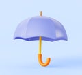 Blue stick umbrella 3d render icon. Protection symbol, safety sign, mock up open parasol with wooden handle, rain or sun