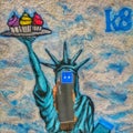 A blue sticker in lady liberty