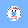 Blue sticker with round warning sign icon with no entry without face mask red lettering and blue eyes nurse face with eyebrows and