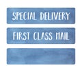 Blue Sticker set. Blank template and with English text variations: `Special Delivery`, `First Class Mail`.