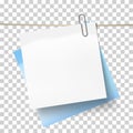 Blue sticky note and white sheet of paper attached metal paper clip on tape. Template for design. Vector illustration Royalty Free Stock Photo