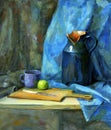 Blue still life with a knife and an apple, oil painting