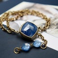 Vintage-style Blue Pendant On Gold Chain With Cubist Faceting And Fairytale Inspiration