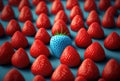 Blue strawberry among red strawberries, different and unique. Generative AI