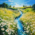 Blue stream between white daisies meadow landscape illustration Royalty Free Stock Photo