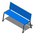 Blue street bench made of wooden slats on metal supports, vector isometric pattern on a white background